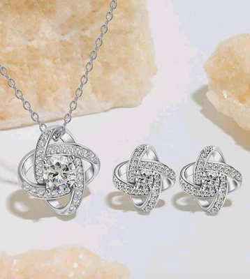 14k White Gold Plated Stunning Necklace And Earrings Set Lab-Created Swarovski - Image 1 of 4