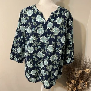 Top floral Croft & Barrow para mujer azul verde 100 % algodón mangas 3/4 pulóver 1X - Imagen 1 de 7