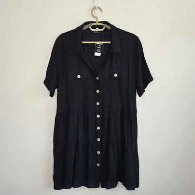 Vestido Dotti Talla 16 Negro Manga Corta Forrado Mezcla En Niveles Abotonado Nuevo con Etiquetas  Foto 1 de 4