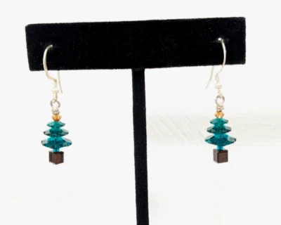 Christmas Tree Earrings Green Glass Stacked Bead Sterling Clasp Drop Dangle - Image 1 of 4