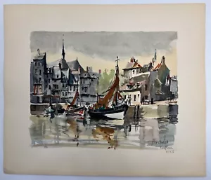 Vintage Franz Herbelot Paris Signed Lithograph Print Watercolor Sail Boats - Picture 1 of 8