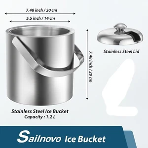 ICE BUCKET with Lid Scoop Strainer  Double Wall 1.2L SAILNOVO S2 - Picture 1 of 4