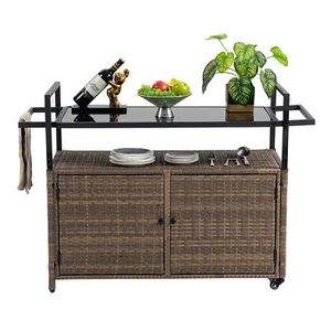 Outdoor Wicker Bar Cart, Patio Wine Serving Cart , with Wheels, Glass Top, Brown - Picture 1 of 9