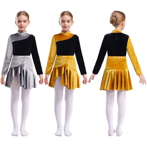 Girls Outfit Color Block Dancewear Latin Set Tango Bodysuit And Miniskirt Show - Picture 1 of 33