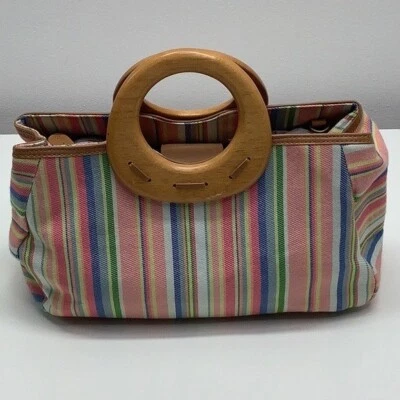 Bolso de mano ropa a rayas fósil con asas de madera usado Foto 1 de 4