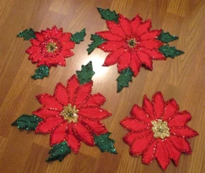 Vintage~Decorazione natalizia in feltro~Pointsettias~Perline~Paillettes~4 quantità~Fatto a mano~ - Foto 1 di 18