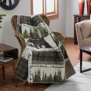 DONNA SHARP BEAR PANELS THROW BLANKET QUILTED PLAID LODGE CABIN RUSIC TREES - Picture 1 of 3