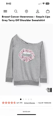 Concienciación sobre el cáncer de mama - Sudadera con lentejuelas y labios gris rizo fuera del hombro Foto 1 de 4
