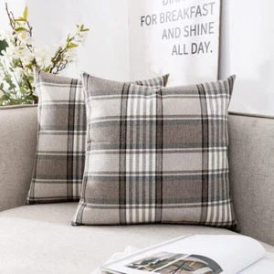 Brown Plaid Pillow Covers 18X18 Set of 2 Farmhouse Plaid Decorative Throw Pillow - Picture 1 of 8