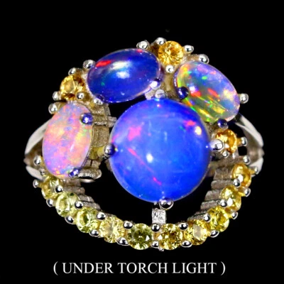 Anello In Argento Sterling 925 Con Opale Di Fuoco Rotondo E Zaffiro Gemma 8mm - Immagine 1 di 4