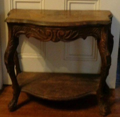 Antique Wood Small Half Moon Demi Lune Side Hall Accent Ornate End TABLE, PU NJ Cover