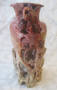 Intricate Vintage Hand Carved SOAPSTONE Vase~Layered Flowers Leaves Bird Bridge - Picture 1 of 13