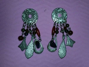 ~Ruby Red & Blue Stones Glass Dangle Pierced Earrings~Silver tone~Vtg~ Amazing~ - Picture 1 of 6