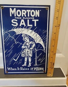 Vintage 1980's Morton Salt Metal Enamel Sign "When It Rains It Pours" 8" X 12"   - Picture 1 of 4