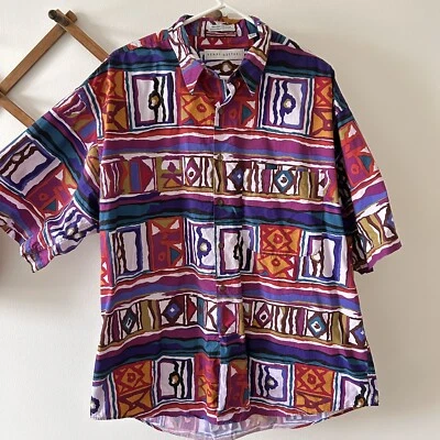 Camisa Henry Grethel Colorida Geométrica Y2K De Colección Manga Corta Botón Frontal XL 90s Foto 1 de 4