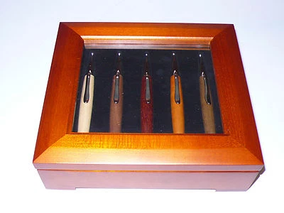 Solid Wood 5x Rollerball Point Pen Set in Dark Cherry Display Box Perfect Gift - Image 1 of 2