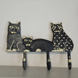 Pier 1 Carved Black Cats Wood Coat Hat Umbrella Rack - Picture 1 of 6