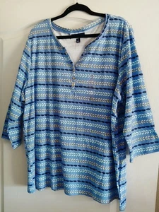 KAREN SCOTT 3X Blue Multicolor Tunic Top Henley 3/4 Sleeve Stretchy NEW - Picture 1 of 5