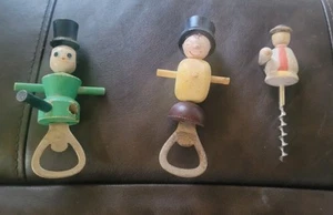 Vintage Bottle Openers And Cork Screw 3 Wooden Men - Picture 1 of 4