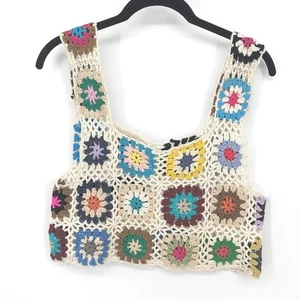 Top Boho Multicolor Crochet Abuelita Cuadrado Corto Sin Mangas Colorido Patchwork - Imagen 1 de 5