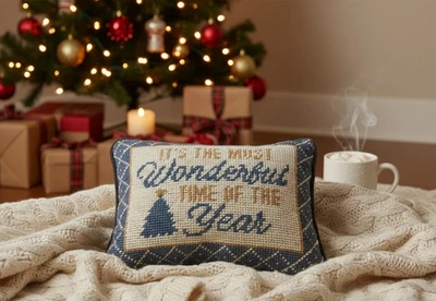 Neiman Marcus Most Wonderful Time of the Year Needlepoint Pillow  Wool Christmas - Image 1 of 4