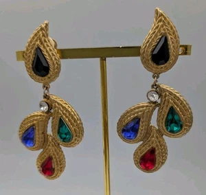 Atemberaubende Vintage-Ohrringe mehrfarbig Strass zum Anklipsen Tropfen goldfarben - Bild 1 von 14