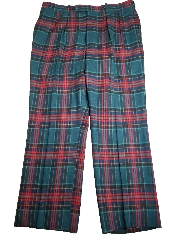 Vtg 70s Dress Pants Red Green Plaid Tartan Wool 36 Talon Zip Preppy Golf Pleated - Image 1 of 4