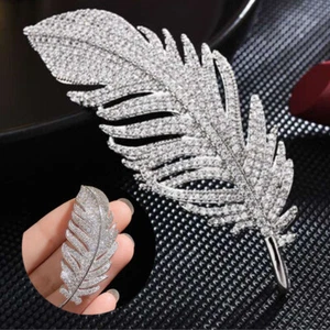 Wedding Suit Brooch Clip Chain Crystal Lapel Pins Collar Brooch Feather beauty - Picture 1 of 14