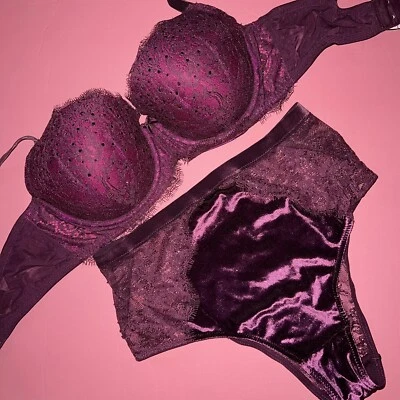 Victoria's Secret 34DD SUJETADOR SET+S braguita cintura alta KIR PINK terciopelo magenta Foto 1 de 4