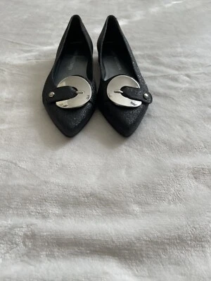 GUC Stuart Weitzman Black Sparkly Leather Buckle Point-toe Ballet Flats, Size 6M - Image 1 of 4