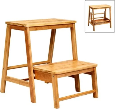 2-Stufen Tritthocker Bambus Trittstuhl Leiterstuhl klappbar Trittleiter 100 kg - Bild 1 von 4