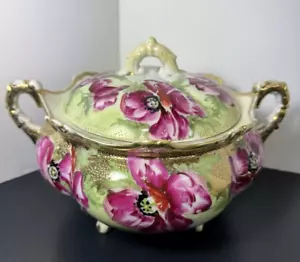 Floral Rose Gold Royal Kinran Nippon Hand Painted Floral 4 Footed Covered Dish - Picture 1 of 13