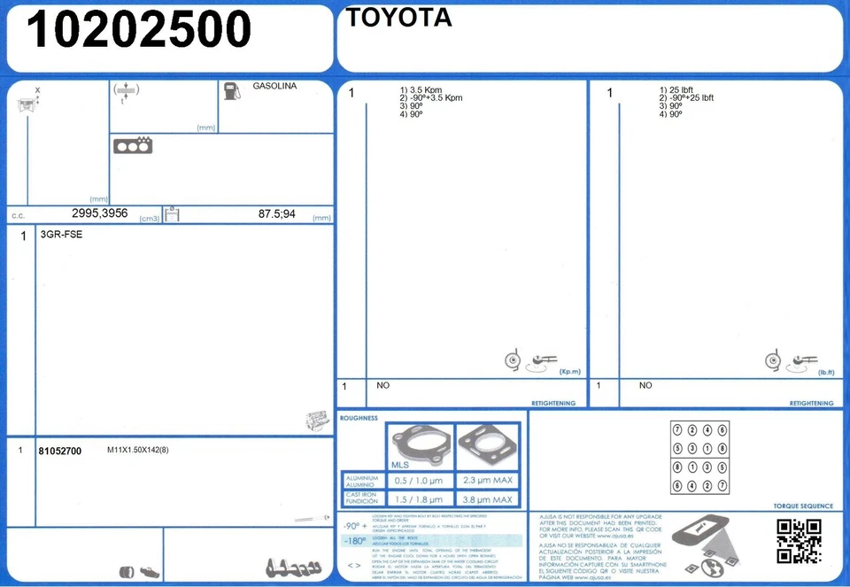 Full Engine Gasket Set TOYOTA LANDCRUISER V6 24V 4.0 282 1GR-FE (8/2005-) - Imagem 1 de 1