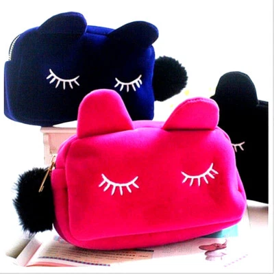 Cat Face Velvet Purse Cosmetic Case Cash Cards Cell Keys Pen Pencils Jewelry Bag - Image 1 of 4
