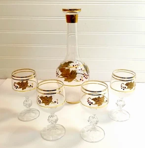 Czech BOHEMIA GLASS DECANTER and 4 GLASSES Set Gold Stripes & Grape Leaf Design - Picture 1 of 16