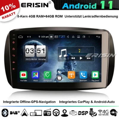 9" 8-Kern Android 11 Autoradio GPS Navi Für Mercedes-Benz SMART CarPlay DAB+ DSP - Bild 1 von 4