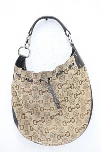 Gucci Horsebit Drawstring Hobo Canvas Leather Trim - Brown - Picture 1 of 20
