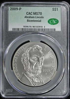 2009-P Abraham Lincoln Commemorative Silver Dollar CAC MS70 (2431586) - Image 1 of 2