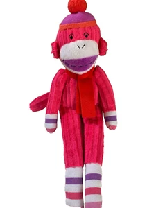 Monkeez & Friends Sock Monkey 13" Plush Stocking Cap Scarf Striped Socks Pink  - Picture 1 of 5