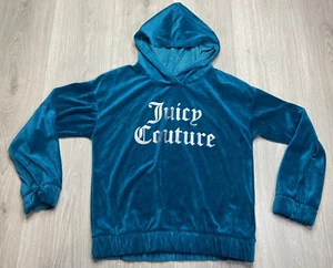 Vintage Juicy Couture Sweatshirt Girl Large Teal Velour Hoodie Spellout Velvet - Picture 1 of 11