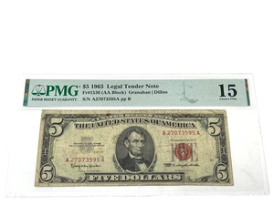 1963 $5 Five Dollars, LEGAL TENDER NOTE ,' PMG 15 Choice Fine', (#8) - Picture 1 of 2