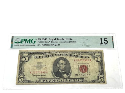 1963 $5 Five Dollars, LEGAL TENDER NOTE ,' PMG 15 Choice Fine', (#8) - Image 1 of 2