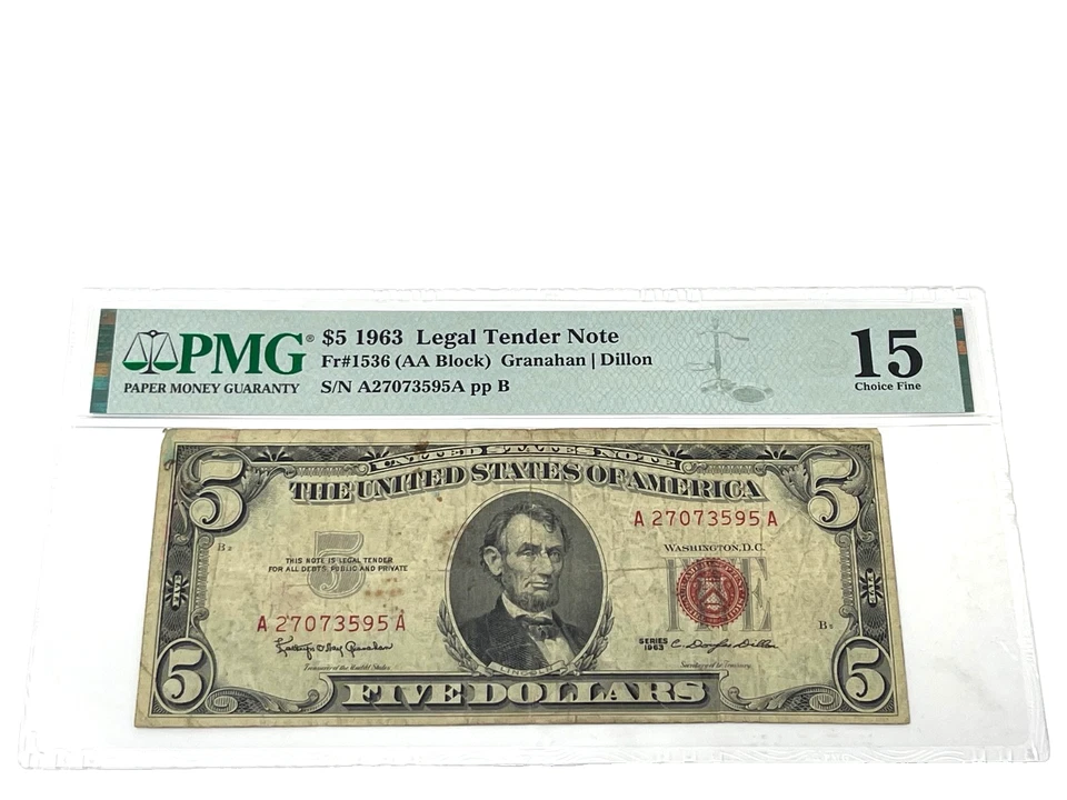 1963 $5 Five Dollars, LEGAL TENDER NOTE ,' PMG 15 Choice Fine', (#8) - Image 1 of 2