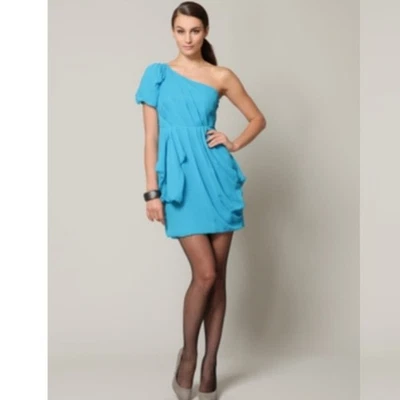 NUEVO CON ETIQUETAS TIBI Vestido de Cóctel Drapeado de Gasa Seda Un Hombro Turquesa 2 Foto 1 de 4