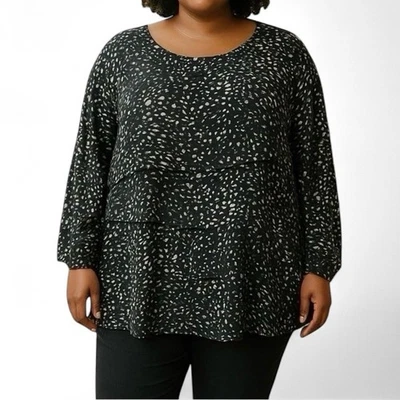 Blusa túnica Vince Camuto feminina 3X estampa preta branca manga longa em camadas - Imagem 1 de 4