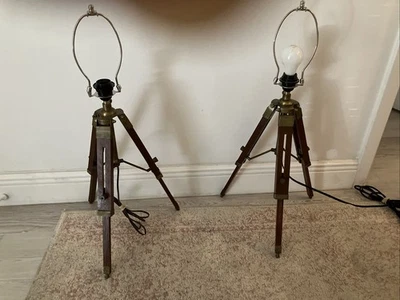 Pair Of Vintage Wood Tripod Table Lamp Adjustable Metal Brass Hardware Nautical - Image 1 of 4
