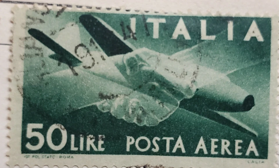 复古 1945 年意大利航空邮件邮票 50 Lire Italia Posta Aerea 50 Lire — 第 1/1 张图片