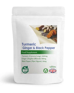 Strong Turmeric 2500mg, Ginger & Black Pepper Tablets (V) Curcumin & Piperine UK - Picture 1 of 2