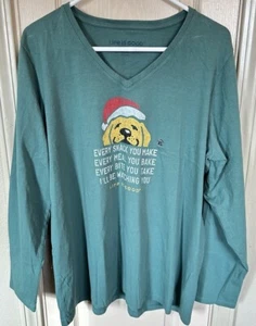 NWT Life Is Good Womens XL Green Doggie Long Sleeve V-neck Shirt  - Picture 1 of 5