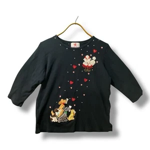 Quacker Factory Top Damen M Vintage schwarz Welpenliebe Herz Hund verziert - Bild 1 von 3